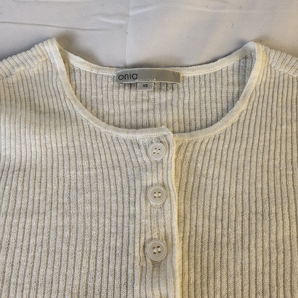 Onia Womens XS Linen Blend White Rib Cropped Button Cardigan